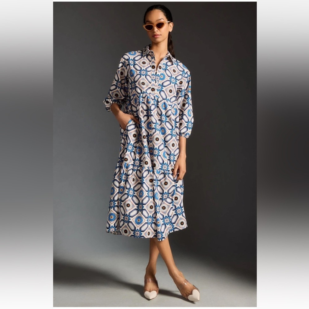 Anthropologie Maeve The Bettina Tiered Shirt Dress Buttondown Sapphire Size  S